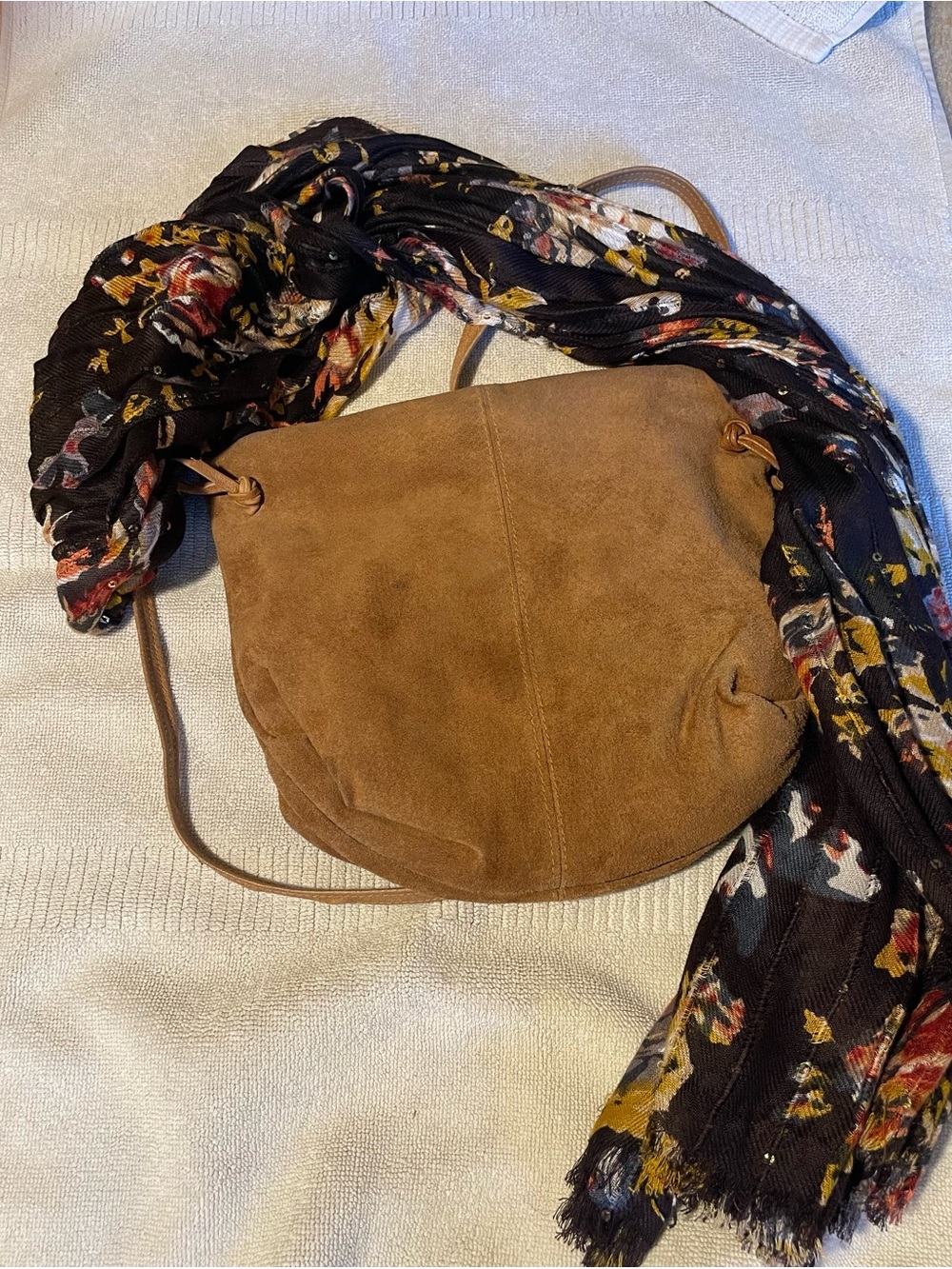 Retro Suede Crossbody Bag with Autumn Floral Scarf